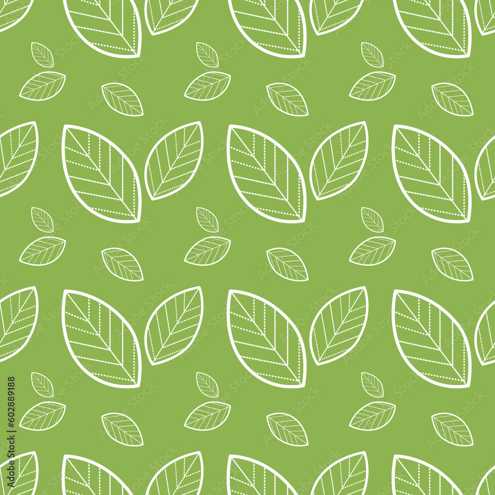Seamless pattern of leaves with white line on green background by hand drawn painting with brushes strokes. Seamless pattern of leaves with white line on green background by hand drawn painting with brushes strokes.