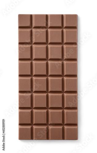 Delicious milk chocolate bar isolated on white, top view