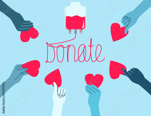Charity, donation and social care concept. Smiling caring people cartoon charters with hearts for charity donation volunteering and ready to donate blood and organs and donate lettering illustration
