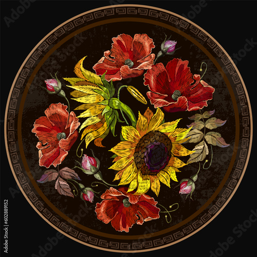 Embroidery sunflowers and red poppies flowers. Garden botanical art. Summer fashion template for clothes, tapestry, t-shirt design
