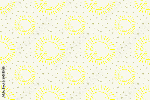 Seamless pattern of yellow sun  circles and heart dots. Pattern for background  design  wallpaper or cover case mobile phone.  sun  icon  seamless  summer