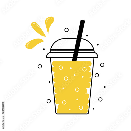 Bubble tea orange lemonade on cup with lid and straw.
