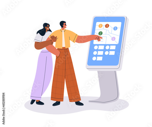 People at digital information screen stand, searching info on map, scheme. Touching interactive display, touchscreen terminal at mall, store. Flat vector illustration isolated on white background