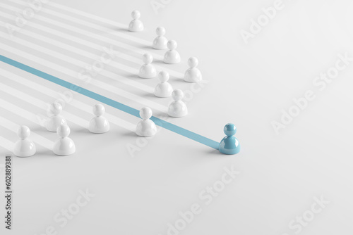 Leadership concept, One leader blue people leads other white people. Winning strategy in business, 3d render.