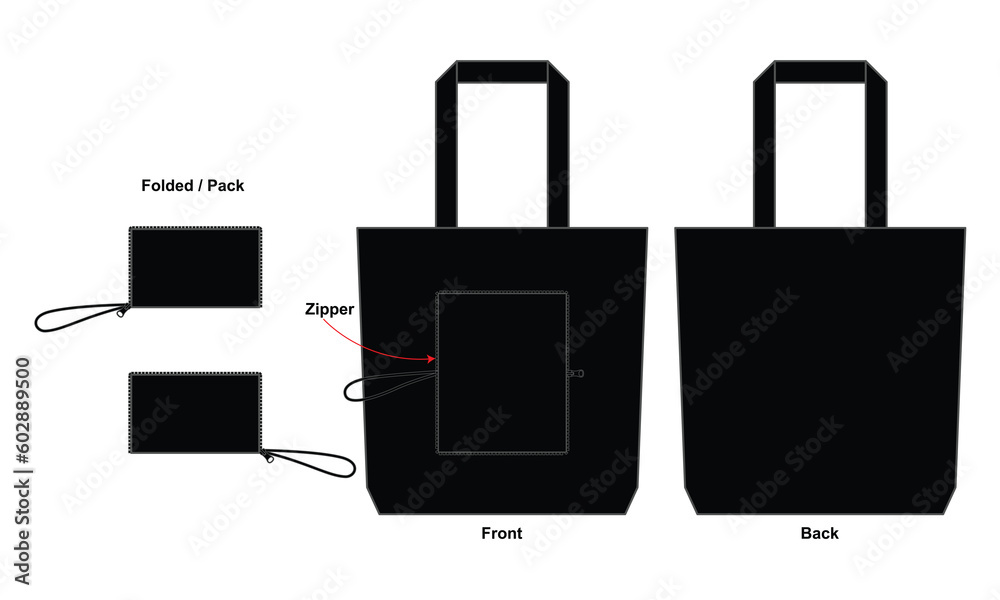 Black foldable tote bag with zipper template on white background.Front and back view, vector file Black foldable tote bag with zipper template on white background.Front and back view, vector file