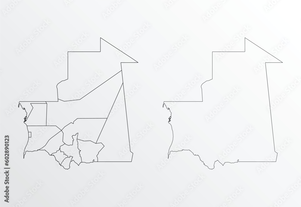 Black Outline vector Map of Mauritania with regions on white background Black Outline vector Map of Mauritania with regions on white background