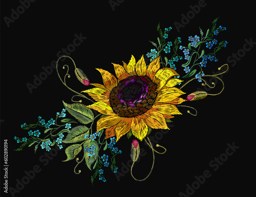 Embroidery meadow flowers and sunflower. Summer nature fashion colorful template for clothes, tapestry, t-shirt design