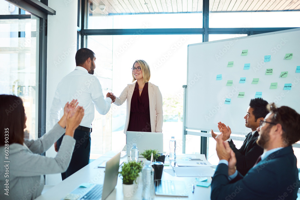 Professional, handshake and agreement in a meeting to congratulate for success and an opportunity. Presentation, applause and business people with collaboration for partnership with teamwork. Professional, handshake and agreement in a meeting to congratulate for success and an opportunity. Presentation, applause and business people with collaboration for partnership with teamwork.