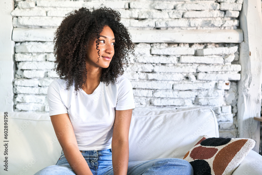 A young african american woman sitting on her sofa looks aside smiling, cheerful and pleasant. A young african american woman sitting on her sofa looks aside smiling, cheerful and pleasant.