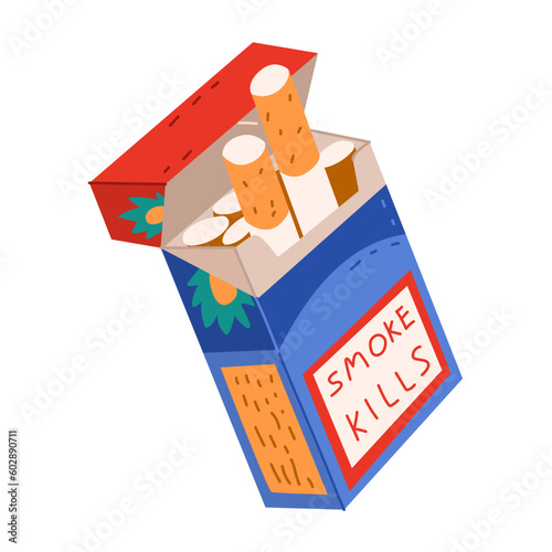 Open pack full of cigarettes with the inscription smoke kills. Bad habits, unhealthy lifestyle. Vector object isolated on white background.