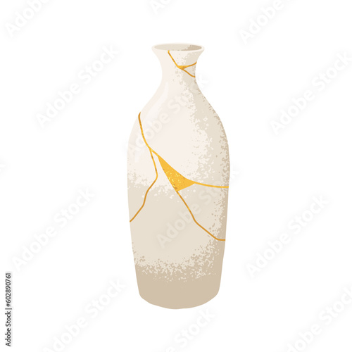 Chinese Asian kintsugi ceramics. Oriental vase in ancient China style. Reborn repaired pottery with golden mosaic lines, Eastern design. Flat vector illustration isolated on white background
