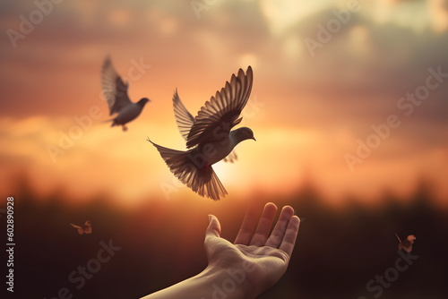 Fotografie, Obraz Hands are seen prayerfully clasped together, while a free bird pigeon enjoys a peaceful moment in nature