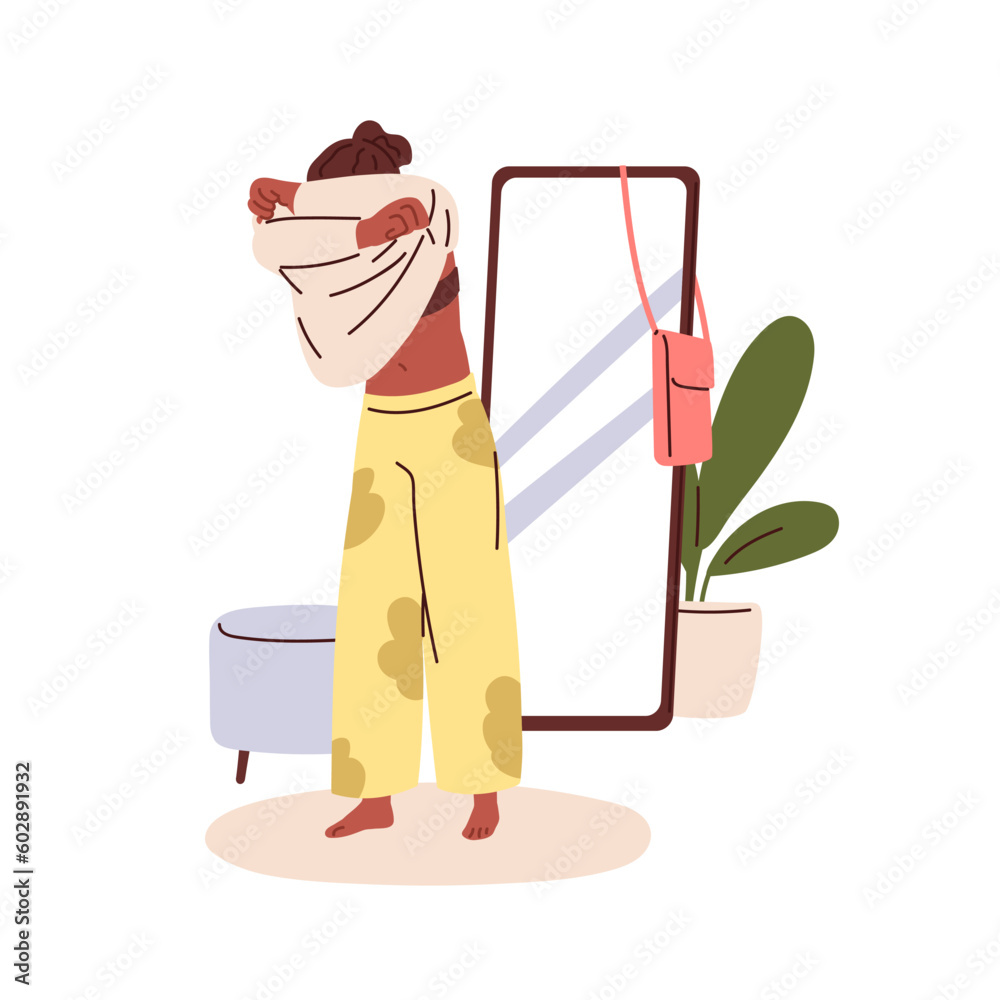 Person undressing, taking, putting off clothes. Woman pulling sweatshirt over head with arms