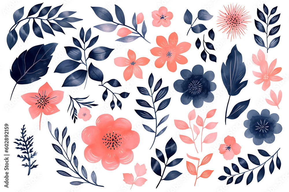 Beautiful set Watercolor flower and leaves element collection. Generative AI