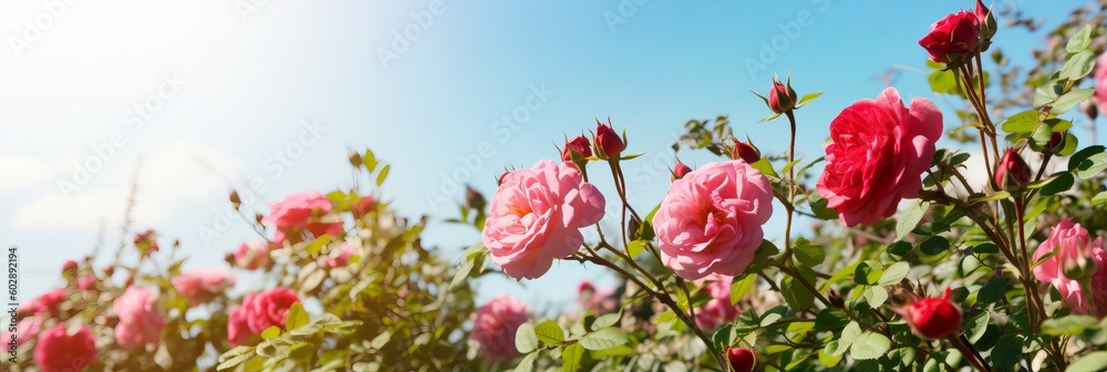 A stunning spring border, a blooming rose bush in the foreground, pink and red roses in full bloom, a soft selective focus creating a dreamy atmosphere, a blue sky in the background, Generative AI