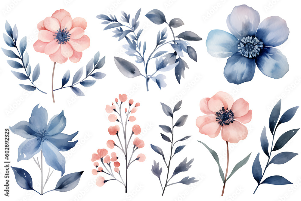 Obraz premium Beautiful set Watercolor flower and leaves element collection. Generative AI