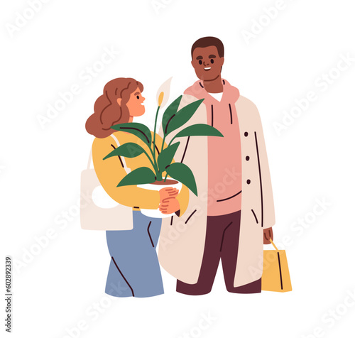 Family couple walk after shopping, carry potted plant, bags. Happy man and woman shoppers go, hold houseplant. Wife and husband with purchases. Flat vector illustration isolated on white background