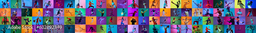 Collage made of different people of diverse age, gender doing various kind of sports against multicolored background in neon light. Concept of sport, action and motion, competition, game