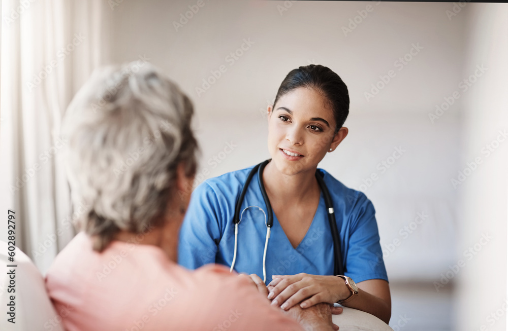 Support, healthcare and nurse with a senior patient explaining a diagnosis after consultation. Medical, empathy and female caretaker volunteer consoling an elderly lady in retirement at nursing home. - obrazy, fototapety, plakaty 