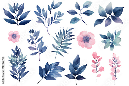Beautiful set Watercolor flower and leaves element collection. Generative AI