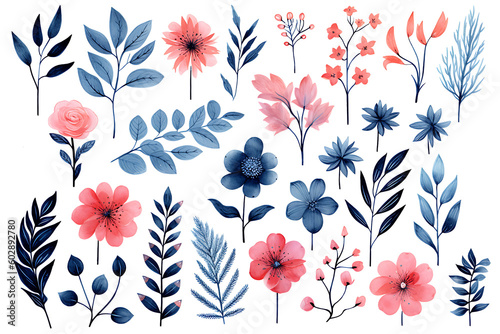 Beautiful set Watercolor flower and leaves element collection. Generative AI