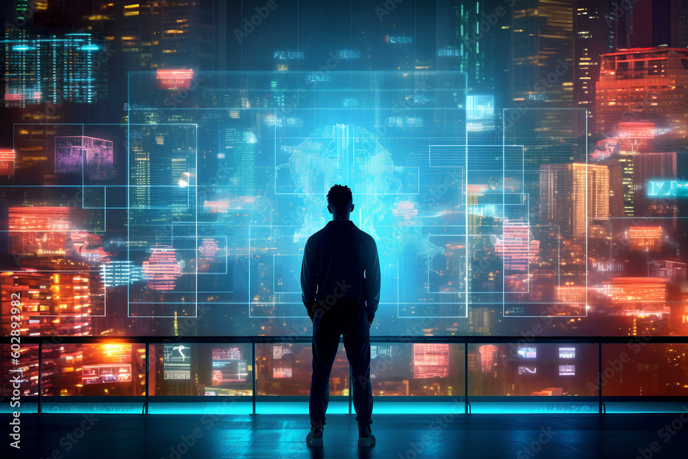 The silhouette of a person standing in front of a large digital screen with a global data flow showing various cyber threats and vulnerabilities, Generative AI The silhouette of a person standing in front of a large digital screen with a global data flow showing various cyber threats and vulnerabilities, Generative AI