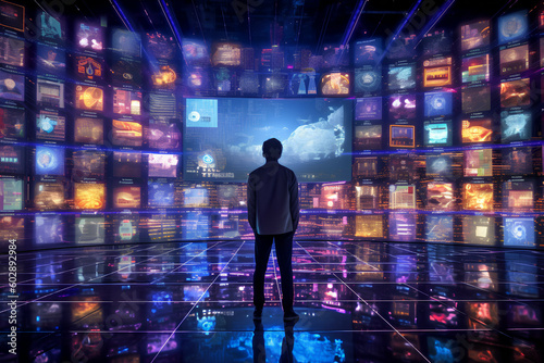 The silhouette of a person standing in front of a large digital screen with a global data flow showing various cyber threats and vulnerabilities, Generative AI