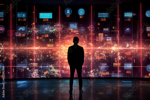 Wallpaper Mural The silhouette of a person standing in front of a large digital screen with a global data flow showing various cyber threats and vulnerabilities, Generative AI Torontodigital.ca