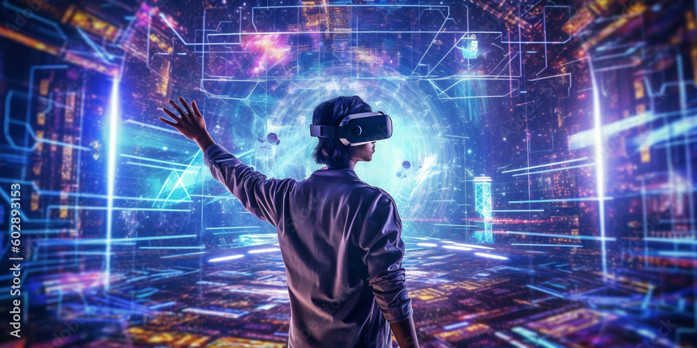 Young man with virtual reality VR goggle. Metaverse digital cyber world future technology. Futuristic 3d glasses with virtual projection. Neon light. Gamer. AI Generative Young man with virtual reality VR goggle. Metaverse digital cyber world future technology. Futuristic 3d glasses with virtual projection. Neon light. Gamer. AI Generative