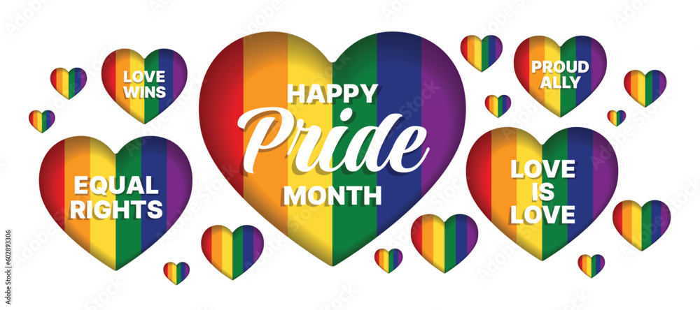 Happy Pride month, Love wins, Love is love, Equal right and Proud ally text in rainbow pride hearts vector design