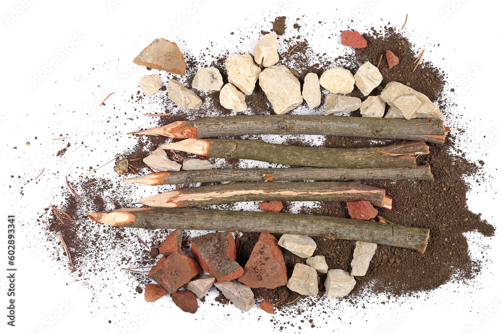 Staked Rocks Shattered, broken tiles, bricks, rocks, stake and dirt isolated on ...