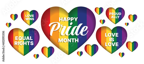 Happy Pride month, Love wins, Love is love, Equal right and Proud ally text in rainbow pride hearts vector design