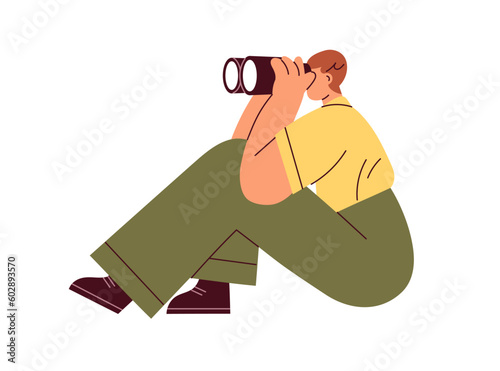 Person looking forward, watching through binoculars. Surveillance, observation, business concept. Man searching for ideas, opportunity, observing. Flat vector illustration isolated on white background