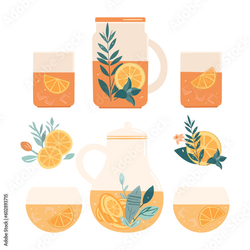 A set of dishes with drinks. Juices, mojito