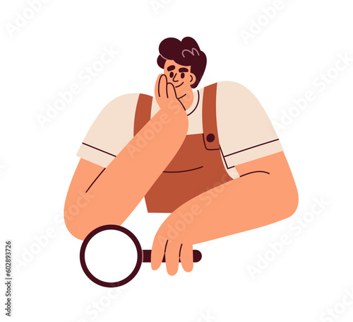 Happy curious person with magnifying glass, lens. Researcher with magnifier, explorer. Curiosity, interest, analysis concept. Student with loupe. Flat vector illustration isolated on white background