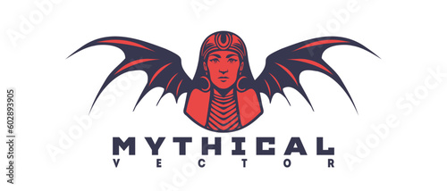 Vector mythical graphic red logo. Portrait of an ancient pharaoh ruler with scary dragon wings. White isolated background.