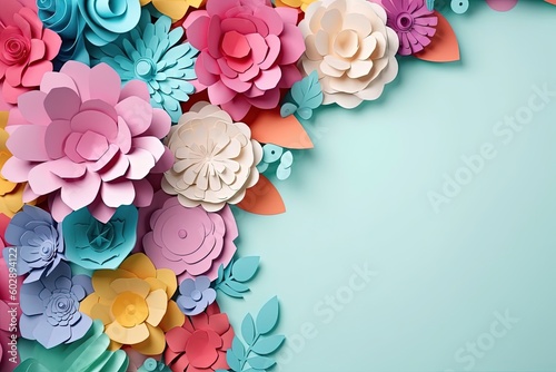 Paper flowers background with copy space for text, poster template. Generative AI.