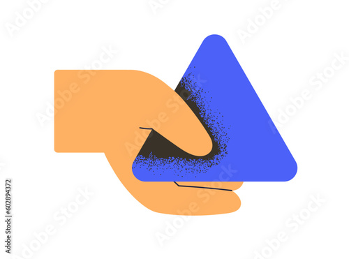 Hand holding geometric shape. Triangle, geometry figure, element. Abstract bu...