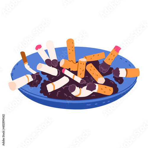 An ashtray ceramic or glass full of cigarette butts. Illustrations on the theme of tobacco smoking. Bad habits, unhealthy lifestyle. Vector object isolated on white background.