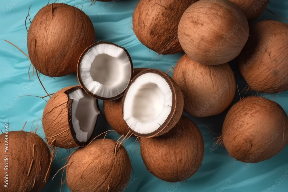 Coconut on a blue background. Generative AI Coconut on a blue background. Generative AI