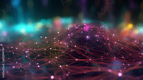 Data technology futuristic illustration. Wave of bright particles. Technological 3D landscape. Big data visualization. Network of dots connected by lines. Abstract digital background.	 photo