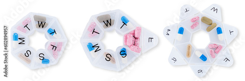 Set of colorful capsule pills in plastic box. Pharmaceutical industry. Healthcare and medicine. Vitamins and supplements concept.