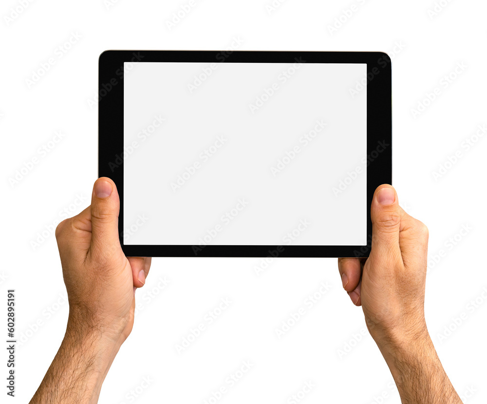 Isolated digital tablet in black color in a female hands, Blank screen of tablet. Isolated digital tablet in black color in a female hands, Blank screen of tablet.