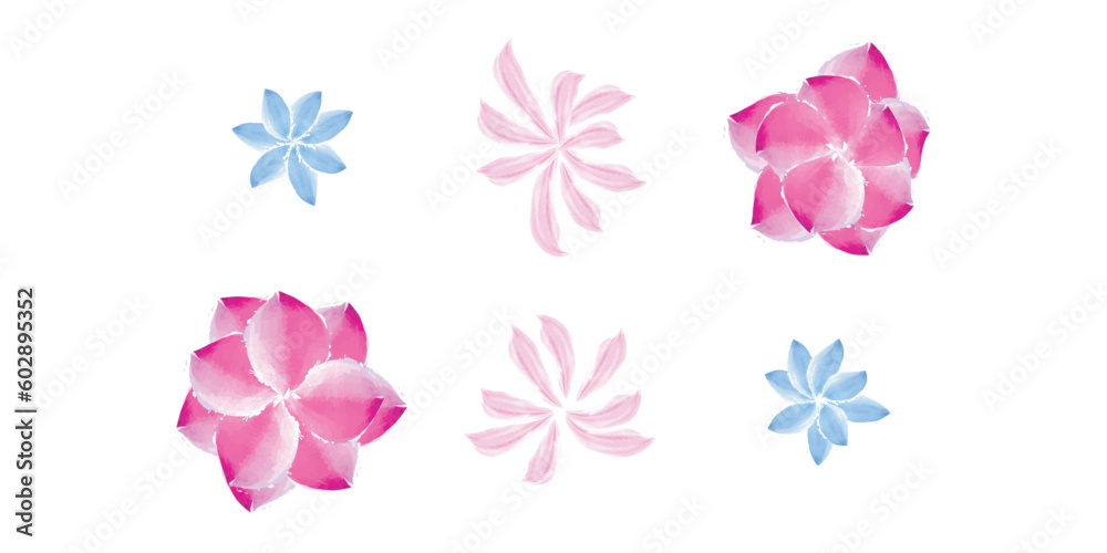Set of 6 pink and blue Watercolor flower illustration icons, simple beautiful composition of decorative elements, isolated on grey background, hand drawing.