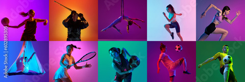 Collage made of different people in motion, training, doing various kind of sports against multicolored background in neon light. Concept of sport, action and motion, competition, game photo