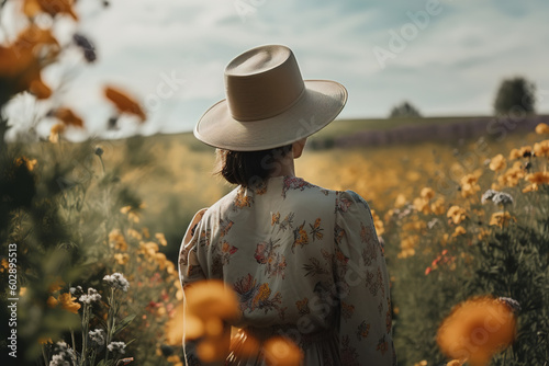 Rear view of beautiful young woman in dress and hat in field of flowers in nature, enjoyment and relaxation. Generative AI