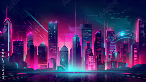 illustration urban architecture, cityscape with space and neon light effect. Modern hi-tech, science, futuristic technology concept. Abstract digital high tech city design © Ployker