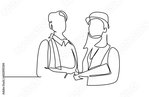 two women group business industry helmet safety company employees pose line art