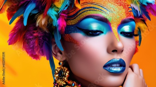 Fashion portrait of model with creative vibrant color make-up. Generative AI photo