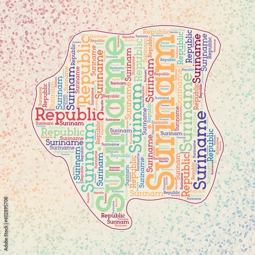 Suriname shape with country names word cloud in multiple languages. Suriname border map on awesome triangles scattered around. Captivating vector illustration.